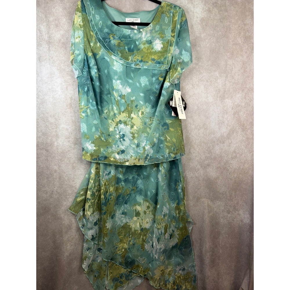 NWT VTG Lady Dorby Skirt Set Women 16W Sea Green Floral Chiffon Handkerchief Hem